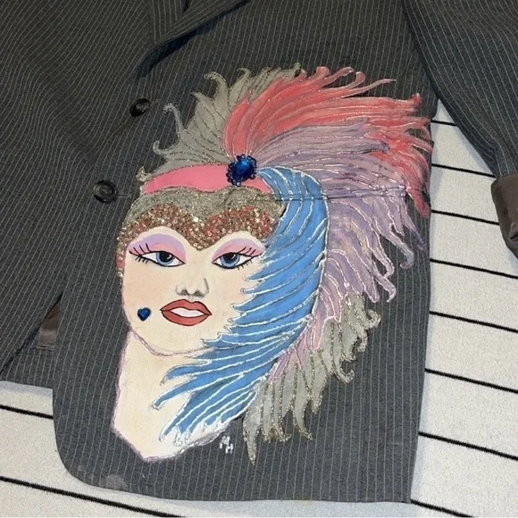 Vintage Sears Gray Pinstripe Custom Painted Showgirl Blazer Suit Jacket - Picture 8 of 16